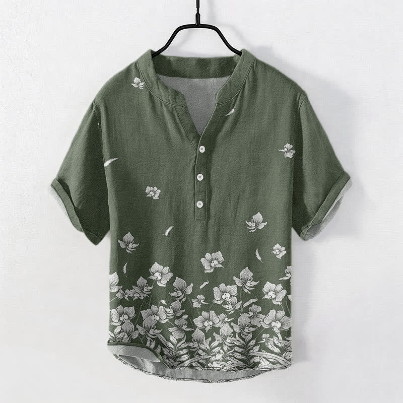 Buddha Stones Camisa de manga corta para hombre con estampado floral blanco en el bajo y medio botón. - Verde oliva oscuro - US/UK/AU50, EU60 (5XL) - image 7