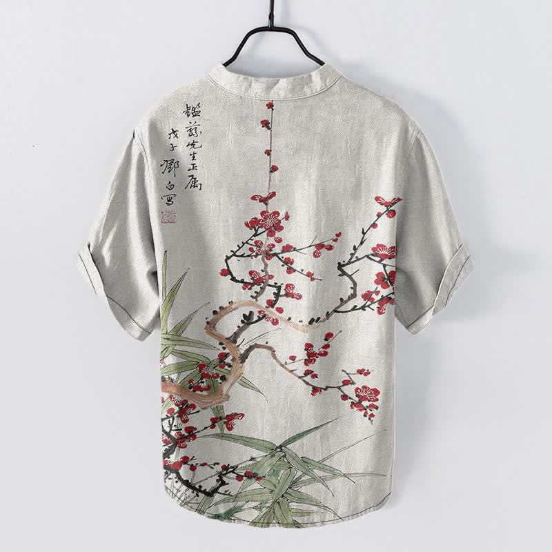 Buddha Stones Camisa de manga corta con medio botón para hombre, de algodón, con estampado de bambú y flores de ciruelo. - image 1