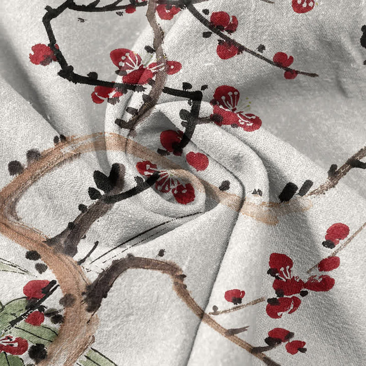 Buddha Stones Camisa de manga corta con medio botón para hombre, de algodón, con estampado de bambú y flores de ciruelo. - image 4
