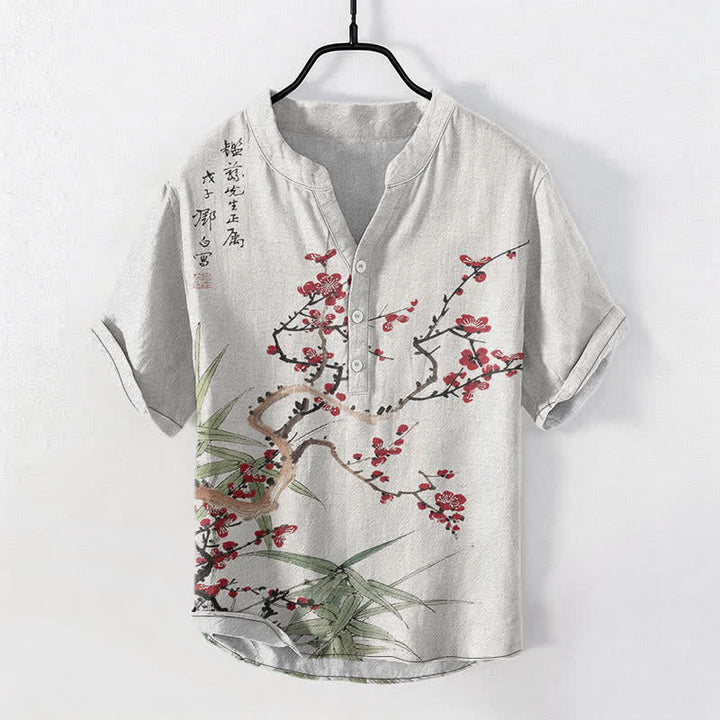 Buddha Stones Camisa de manga corta con medio botón para hombre, de algodón, con estampado de bambú y flores de ciruelo. - Blanco - US/UK/AU50, EU60 (5XL) - image 0