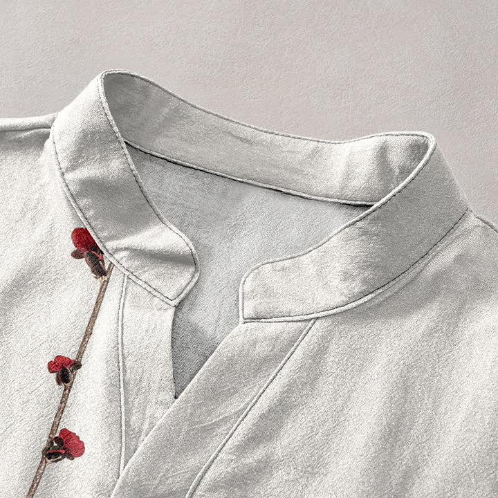 Buddha Stones Camisa de manga corta con medio botón para hombre, de algodón, con estampado de bambú y flores de ciruelo. - image 2