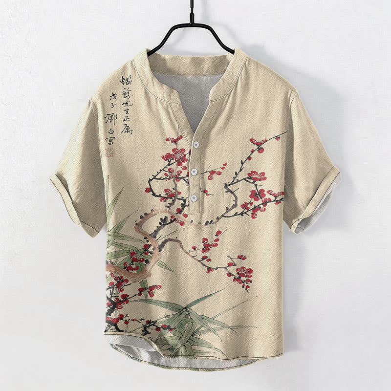 Buddha Stones Camisa de manga corta con medio botón para hombre, de algodón, con estampado de bambú y flores de ciruelo. - Lino - US/UK/AU50, EU60 (5XL) - image 5