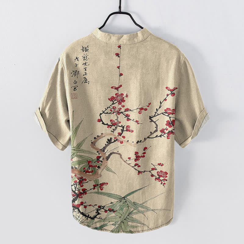 Buddha Stones Camisa de manga corta con medio botón para hombre, de algodón, con estampado de bambú y flores de ciruelo. - image 6
