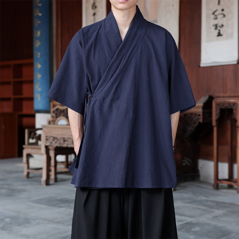 Buddha Stones Camisa de manga corta para hombre estilo Summer Tang minimalista con abertura lateral y cuello en V, color liso, con bolsillo. - Marina de guerra - US/UK/AU46, EU56 (5XL) - image 0