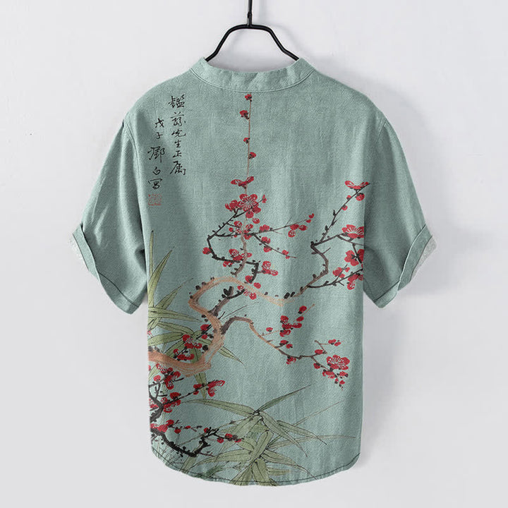 Buddha Stones Camisa de manga corta con medio botón para hombre, de algodón, con estampado de bambú y flores de ciruelo. - image 8