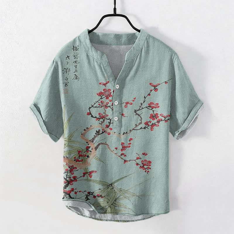 Buddha Stones Camisa de manga corta con medio botón para hombre, de algodón, con estampado de bambú y flores de ciruelo. - Turquesa - US/UK/AU50, EU60 (5XL) - image 7