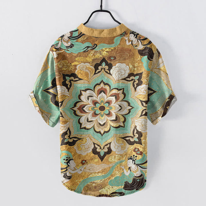 Buddha Stones Camisa de manga corta con medio botón y estampado de mandala de algodón para hombre - image 1