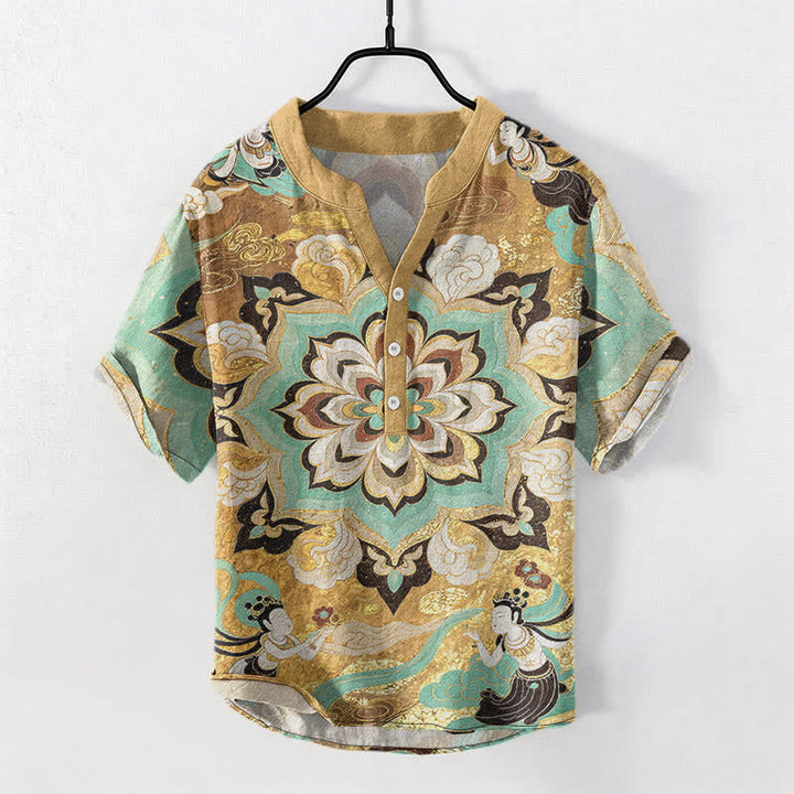 Buddha Stones Camisa de manga corta con medio botón y estampado de mandala de algodón para hombre - Oro - US/UK/AU50, EU60 (5XL) - image 0