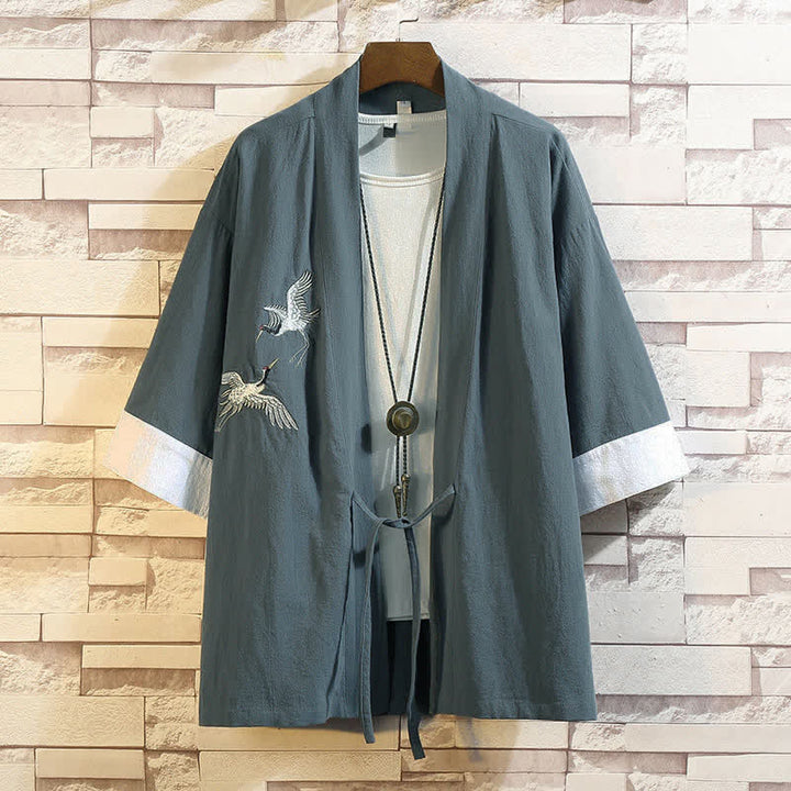 Buddha Stones Kimono de manga tres cuartos para hombre, estilo casual vintage, con bordado de grulla, ideal para primavera y verano. - Grúa azul cadete blanca - US/UK/AU46, EU56 (5XL) - image 0