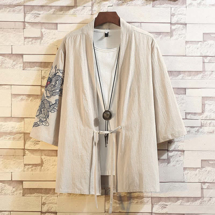 Buddha Stones Kimono de manga tres cuartos para hombre, estilo casual vintage, con bordado de grulla, ideal para primavera y verano. - Dragón Beige - US/UK/AU46, EU56 (5XL) - image 19