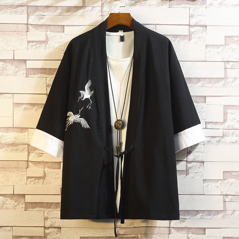 Buddha Stones Kimono de manga tres cuartos para hombre, estilo casual vintage, con bordado de grulla, ideal para primavera y verano. - Grúa blanca y negra - US/UK/AU46, EU56 (5XL) - image 17