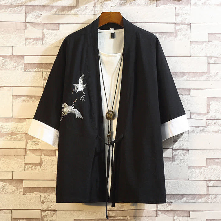 Buddha Stones Kimono de manga tres cuartos para hombre, estilo casual vintage, con bordado de grulla, ideal para primavera y verano. - Grúa blanca y negra - US/UK/AU46, EU56 (5XL) - image 17
