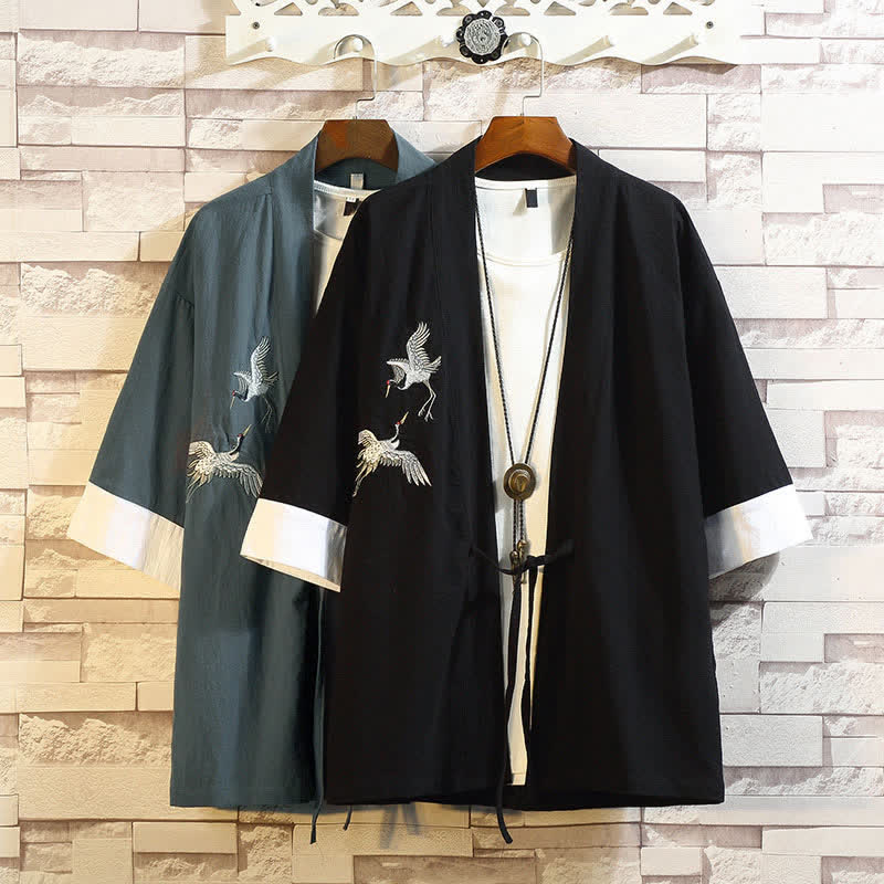 Buddha Stones Kimono de manga tres cuartos para hombre, estilo casual vintage, con bordado de grulla, ideal para primavera y verano. - image 35