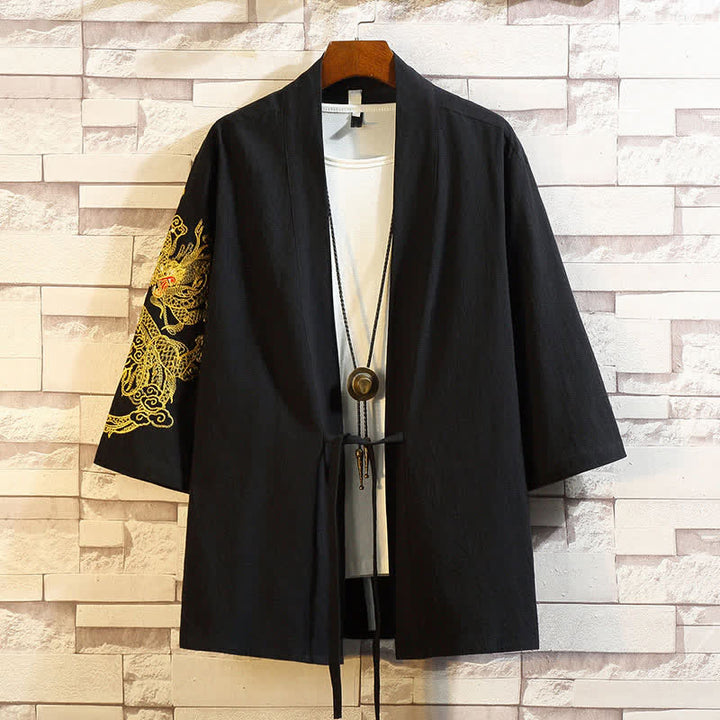 Buddha Stones Kimono de manga tres cuartos para hombre, estilo casual vintage, con bordado de grulla, ideal para primavera y verano. - Dragón Negro - US/UK/AU46, EU56 (5XL) - image 15