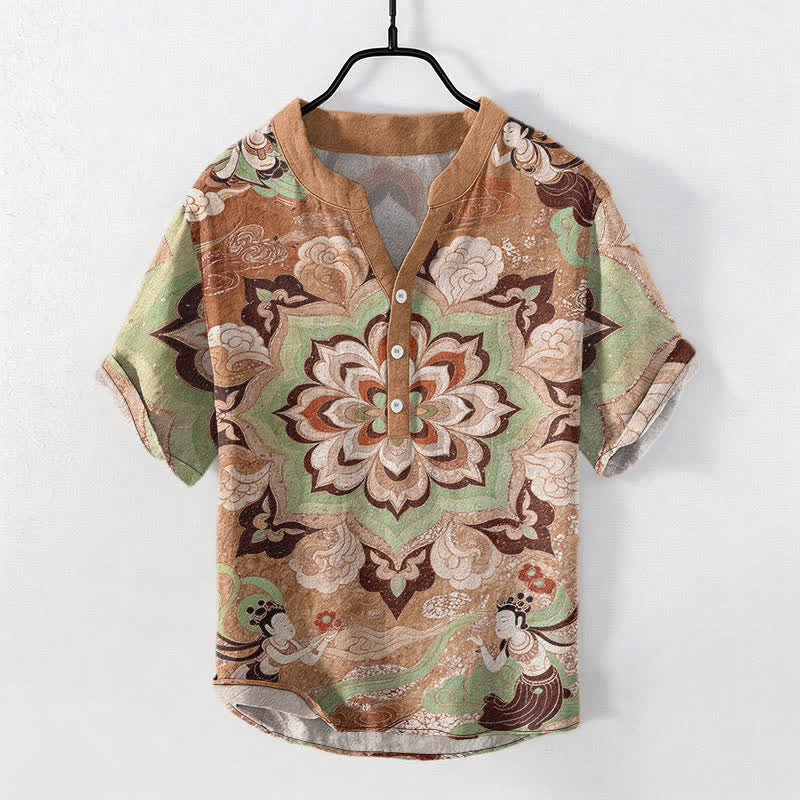 Buddha Stones Camisa de manga corta con medio botón y estampado de mandala de algodón para hombre - BurlyWood - US/UK/AU50, EU60 (5XL) - image 7