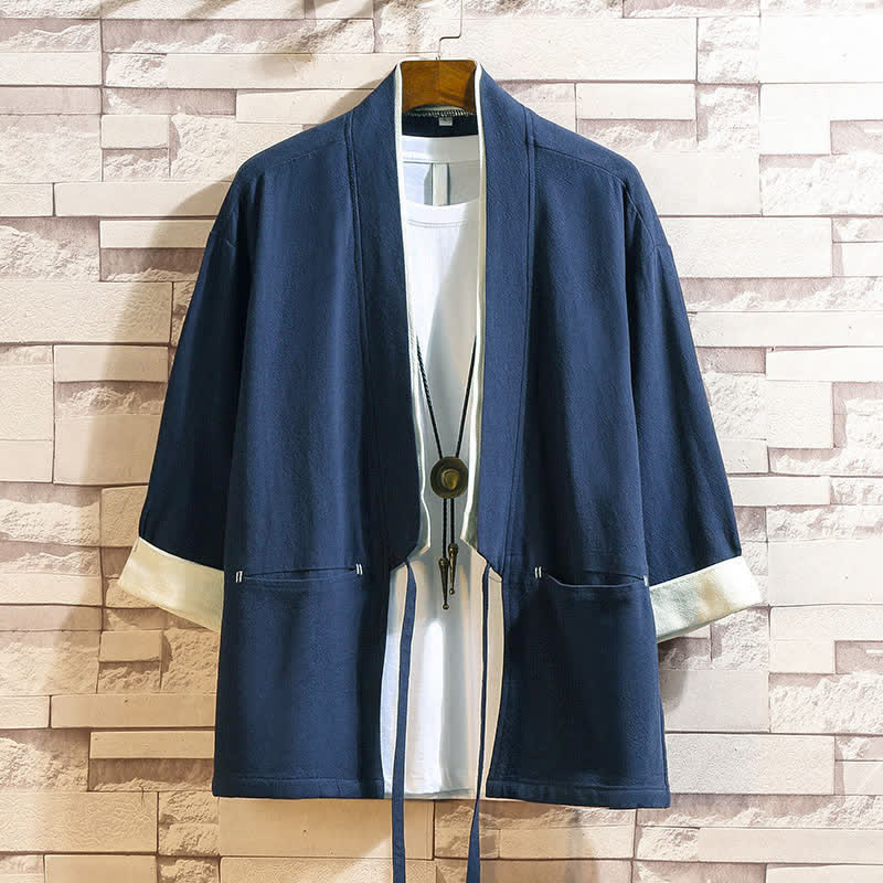 Buddha Stones Kimono de hombre informal minimalista de manga tres cuartos, color liso, con bolsillos, para primavera/verano. - Azul acero - US/UK/AU46, EU56 (5XL) - image 0