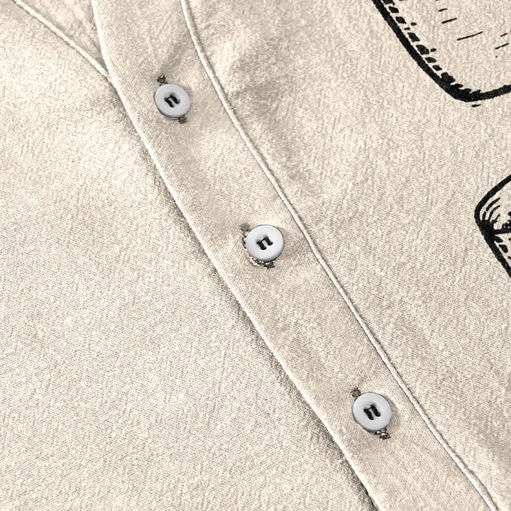 Buddha Stones Camisa de manga corta con medio botón y estampado de gatos y tazas apiladas para hombre, de algodón. - image 3