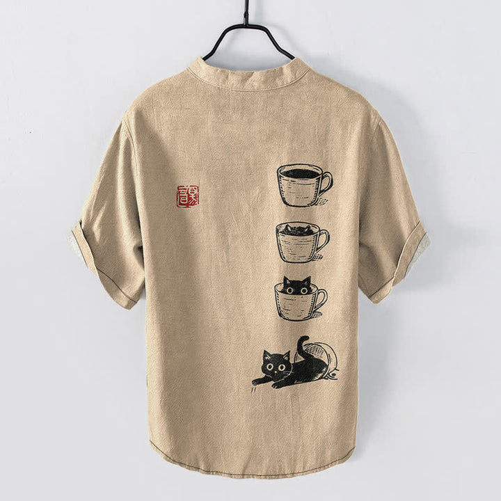 Buddha Stones Camisa de manga corta con medio botón y estampado de gatos y tazas apiladas para hombre, de algodón. - image 6