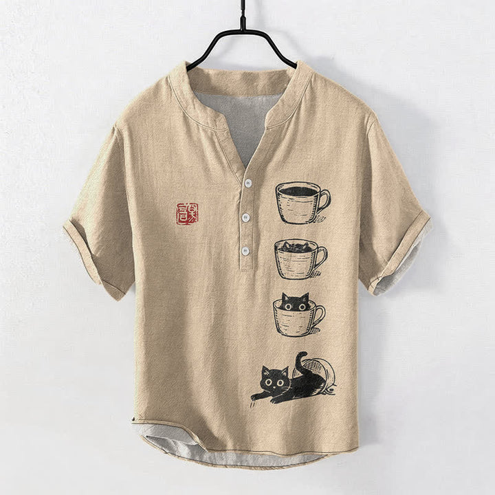 Buddha Stones Camisa de manga corta con medio botón y estampado de gatos y tazas apiladas para hombre, de algodón. - Broncearse - US/UK/AU50, EU60 (5XL) - image 5