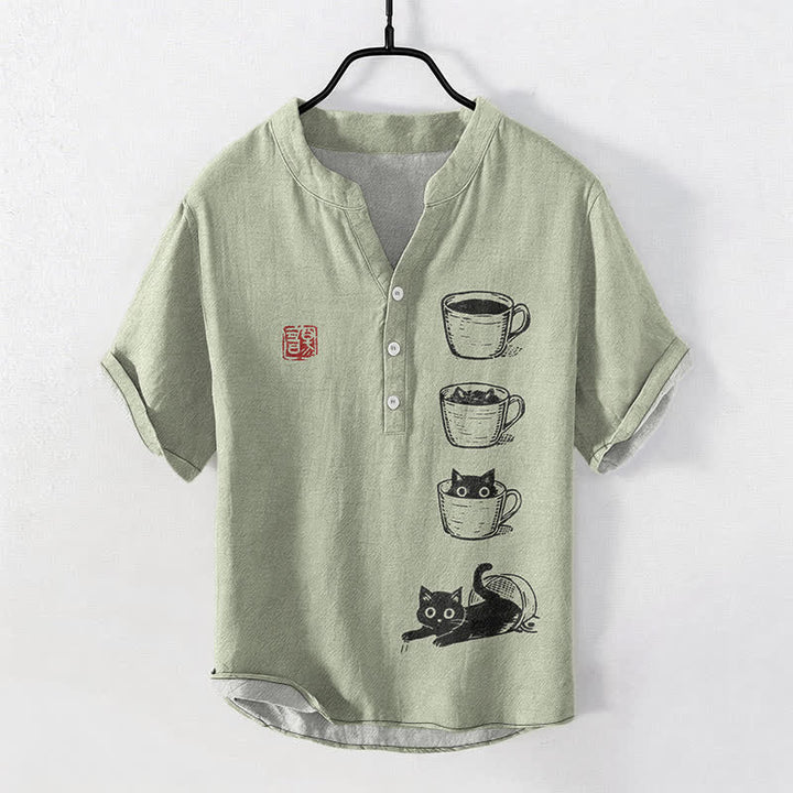 Buddha Stones Camisa de manga corta con medio botón y estampado de gatos y tazas apiladas para hombre, de algodón. - Verde mar oscuro - US/UK/AU50, EU60 (5XL) - image 7