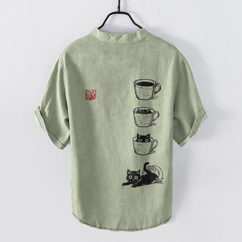 Buddha Stones Camisa de manga corta con medio botón y estampado de gatos y tazas apiladas para hombre, de algodón. - image 8