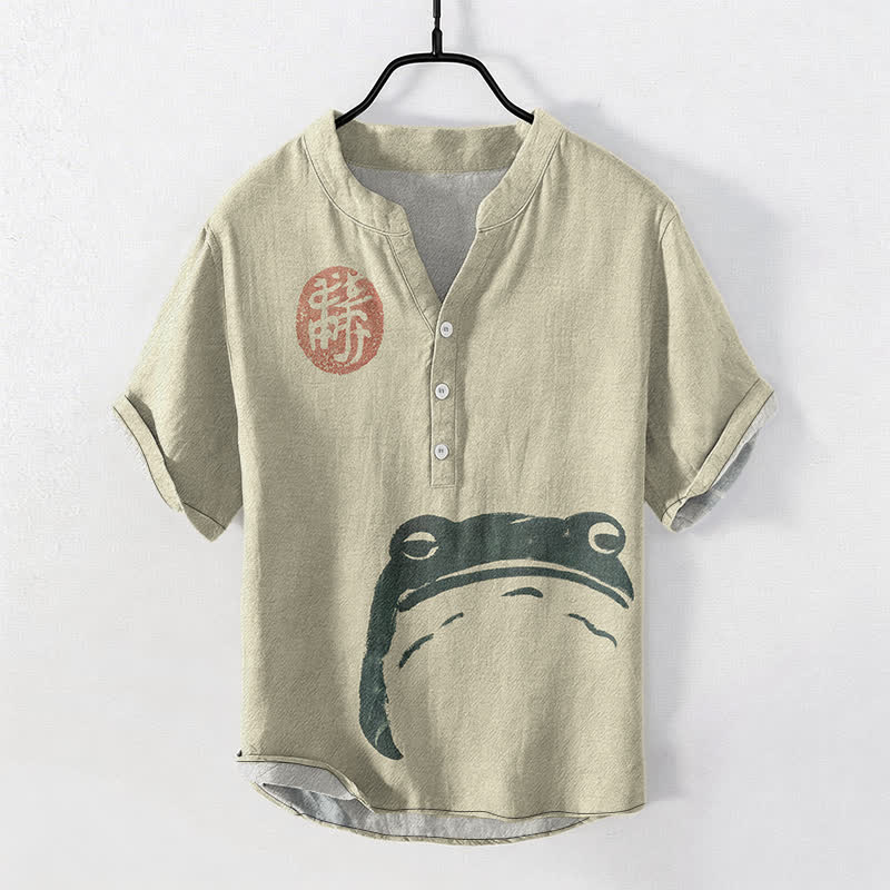 Buddha Stones Camisa de manga corta con medio botón y estampado de foca vintage de algodón para hombre - Beige - US/UK/AU50, EU60 (5XL) - image 0