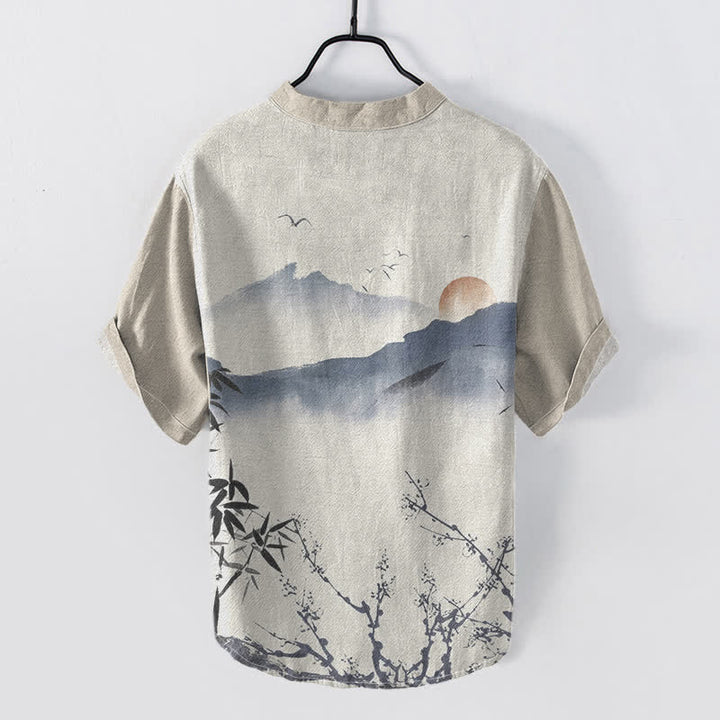 Buddha Stones Camisa de manga corta con medio botón para hombre, modelo Cotton Ink Mountain Sun. - image 1