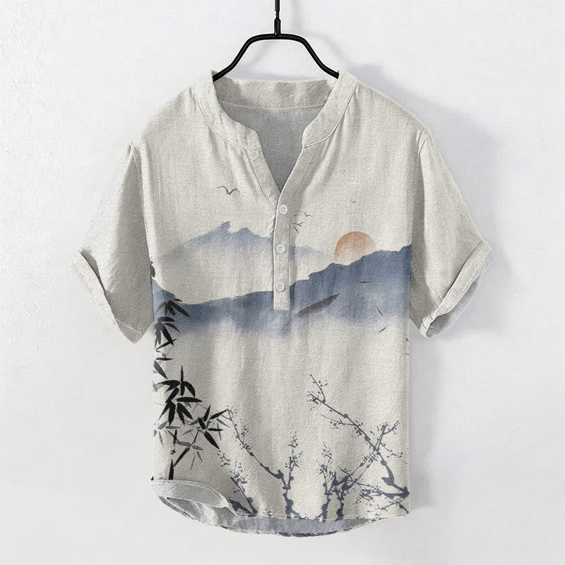 Buddha Stones Camisa de manga corta con medio botón para hombre, modelo Cotton Ink Mountain Sun. - Beige - US/UK/AU50, EU60 (5XL) - image 0