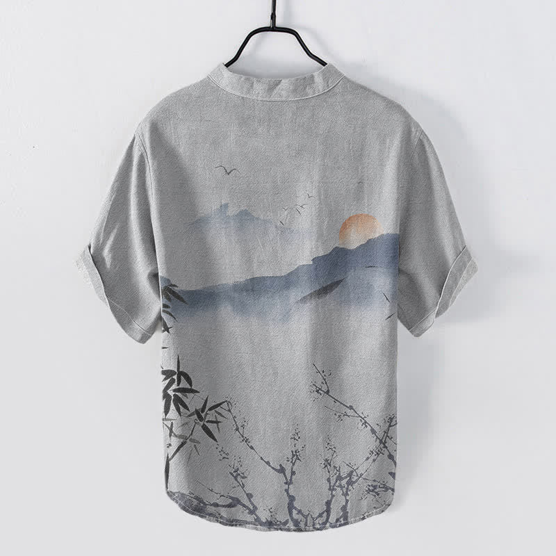 Buddha Stones Camisa de manga corta con medio botón para hombre, modelo Cotton Ink Mountain Sun. - image 6