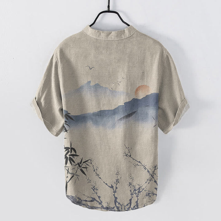 Buddha Stones Camisa de manga corta con medio botón para hombre, modelo Cotton Ink Mountain Sun. - image 4