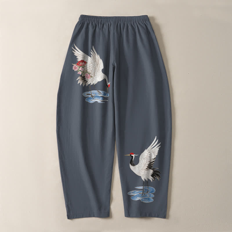 Buddha Stones Pantalones de hombre de algodón puro con estampado de grullas y corona roja, con cordón ajustable y bolsillos. - image 3