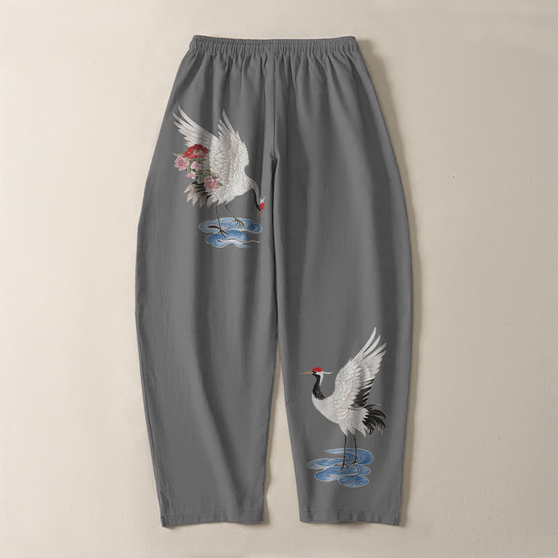 Buddha Stones Pantalones de hombre de algodón puro con estampado de grullas y corona roja, con cordón ajustable y bolsillos. - image 10