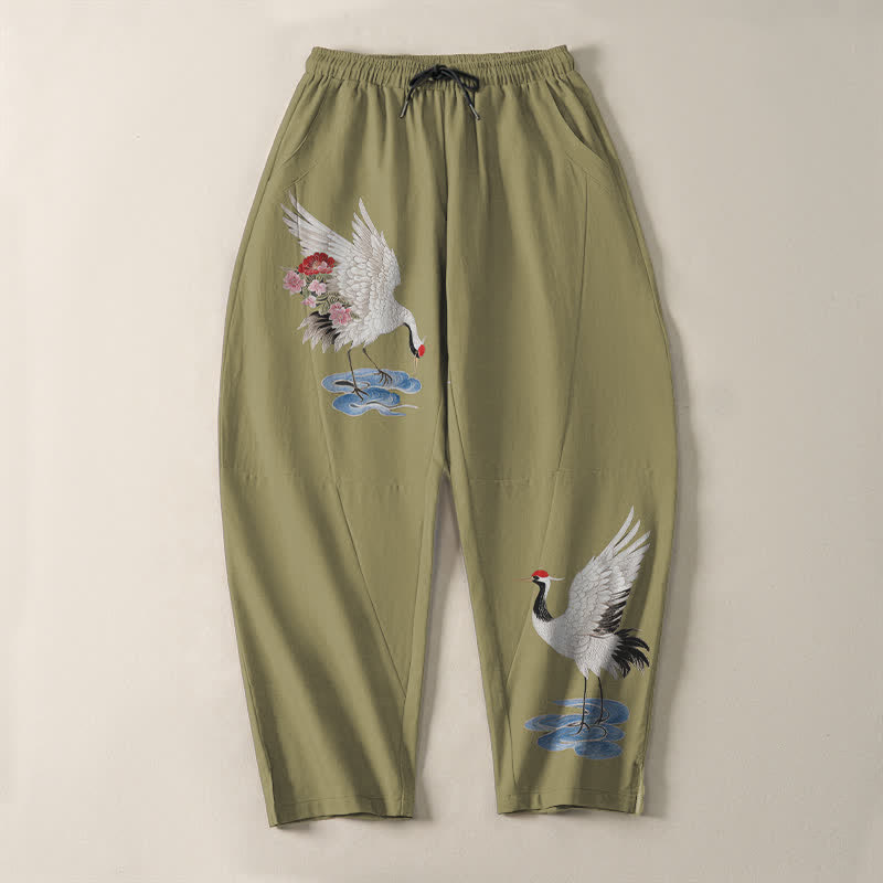 Buddha Stones Pantalones de hombre de algodón puro con estampado de grullas y corona roja, con cordón ajustable y bolsillos. - image 13