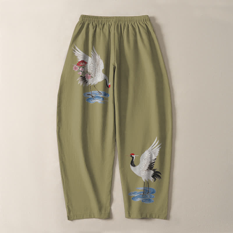 Buddha Stones Pantalones de hombre de algodón puro con estampado de grullas y corona roja, con cordón ajustable y bolsillos. - image 14