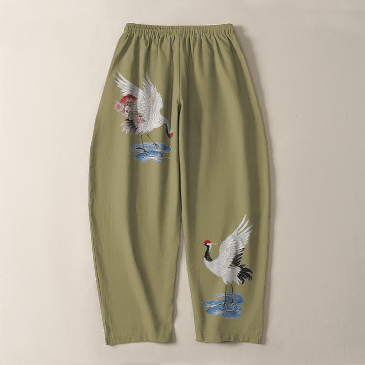Buddha Stones Pantalones de hombre de algodón puro con estampado de grullas y corona roja, con cordón ajustable y bolsillos. - image 14