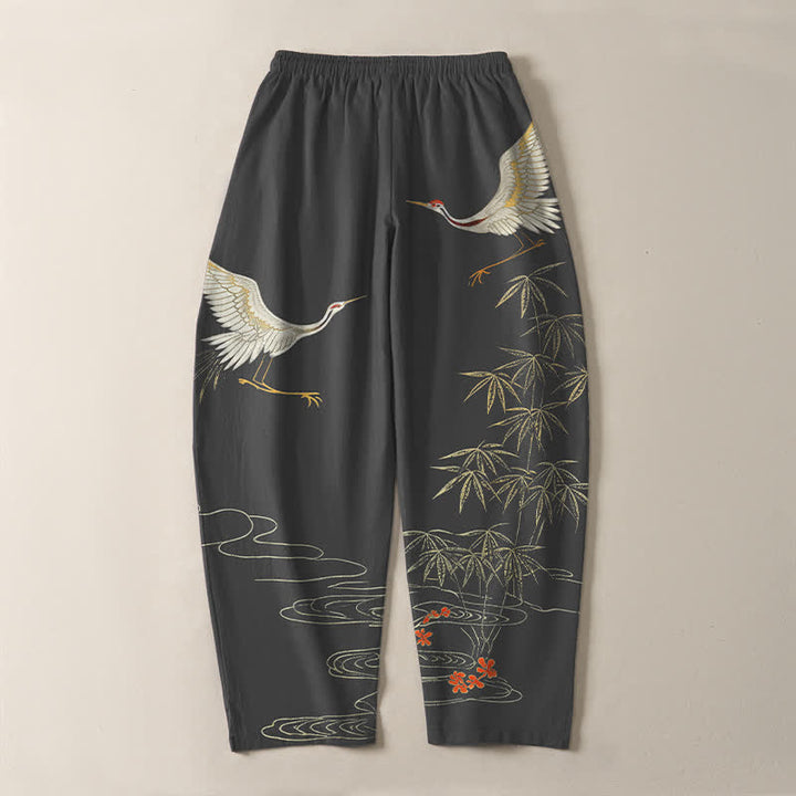 Buddha Stones Pantalones de hombre de algodón puro con estampado de grullas, bambú y olas, con cordón ajustable y corte ajustado, y bolsillos. - image 3
