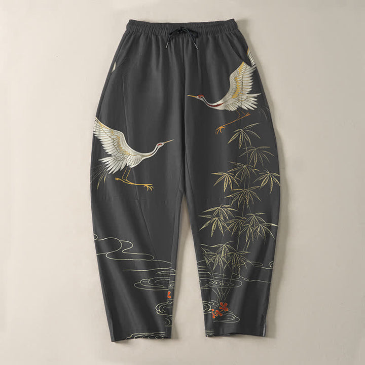Buddha Stones Pantalones de hombre de algodón puro con estampado de grullas, bambú y olas, con cordón ajustable y corte ajustado, y bolsillos. - image 2