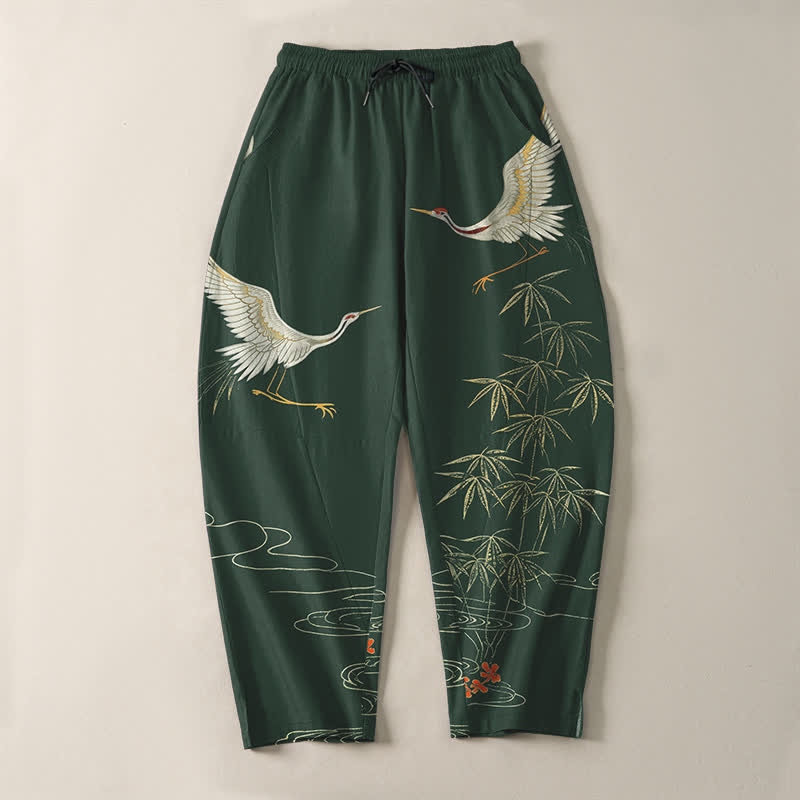 Buddha Stones Pantalones de hombre de algodón puro con estampado de grullas, bambú y olas, con cordón ajustable y corte ajustado, y bolsillos. - image 13