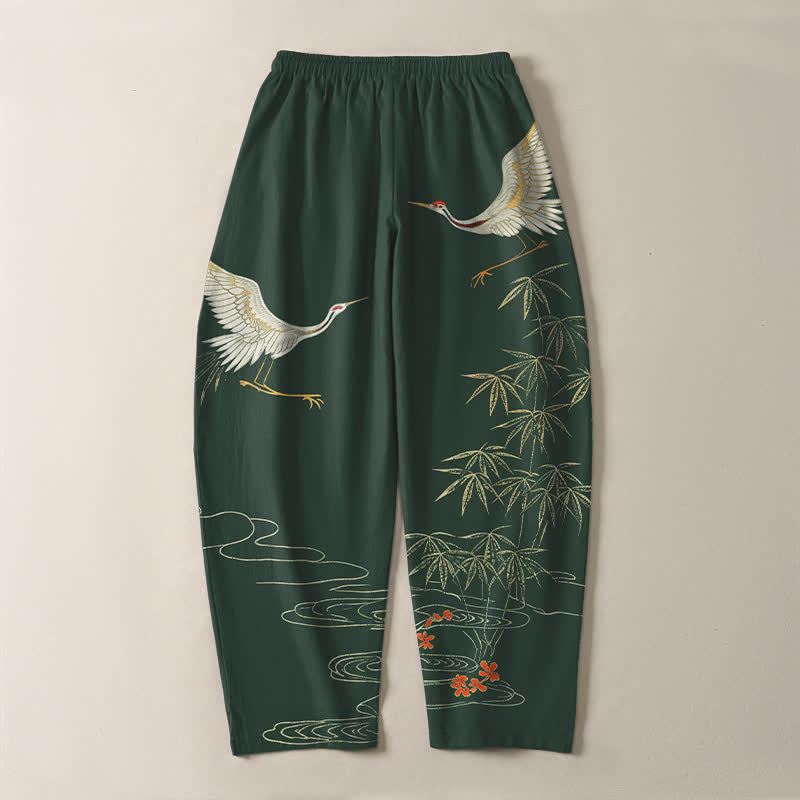 Buddha Stones Pantalones de hombre de algodón puro con estampado de grullas, bambú y olas, con cordón ajustable y corte ajustado, y bolsillos. - image 14