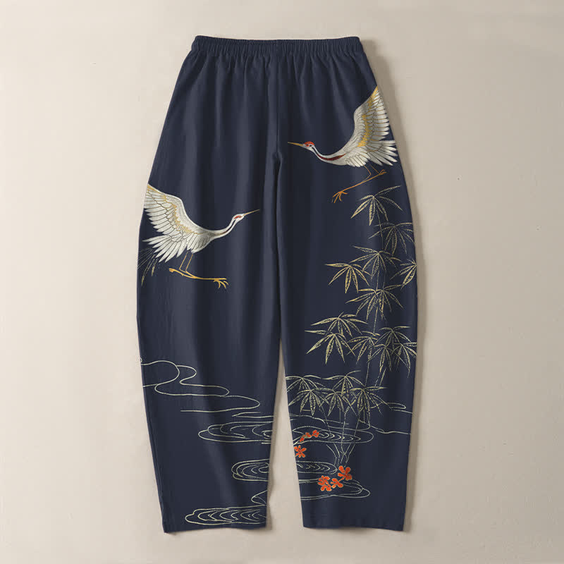 Buddha Stones Pantalones de hombre de algodón puro con estampado de grullas, bambú y olas, con cordón ajustable y corte ajustado, y bolsillos. - image 10