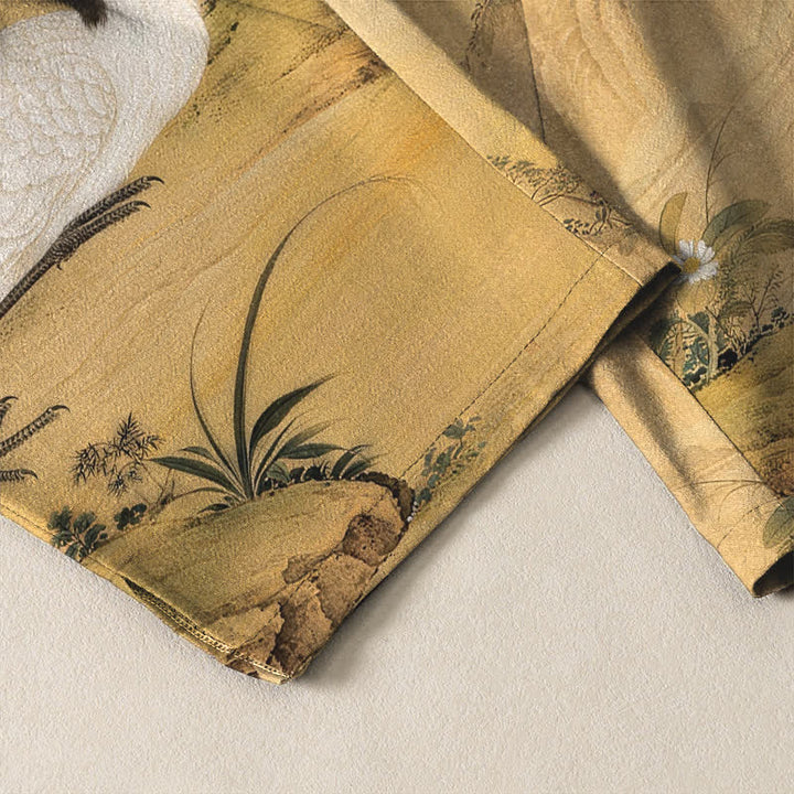Buddha Stones Pantalones de hombre de algodón puro con estampado de paisaje de grullas y bambú, cordón ajustable y corte cónico con bolsillos. - image 5