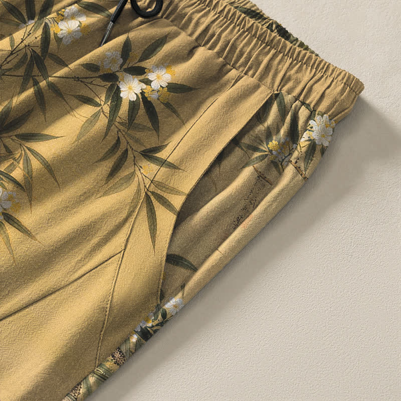 Buddha Stones Pantalones de hombre de algodón puro con estampado de paisaje de grullas y bambú, cordón ajustable y corte cónico con bolsillos. - image 4