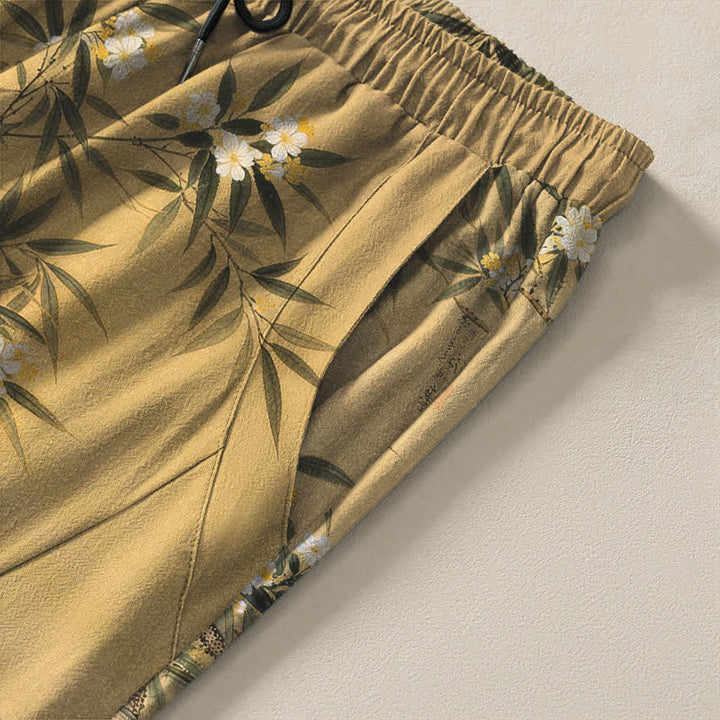 Buddha Stones Pantalones de hombre de algodón puro con estampado de paisaje de grullas y bambú, cordón ajustable y corte cónico con bolsillos. - image 4