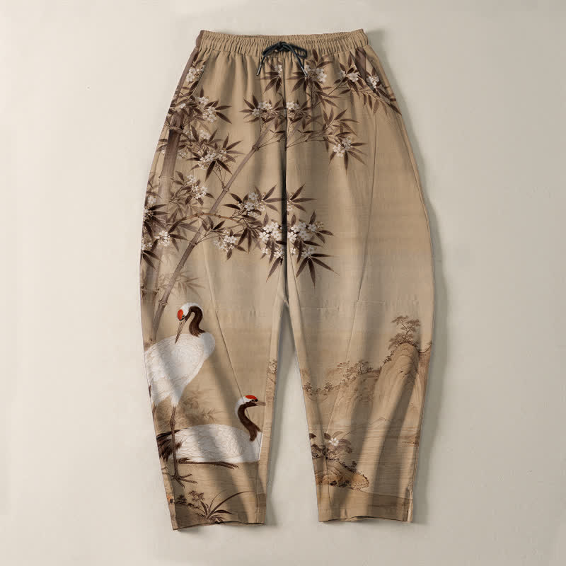 Buddha Stones Pantalones de hombre de algodón puro con estampado de paisaje de grullas y bambú, cordón ajustable y corte cónico con bolsillos. - image 9