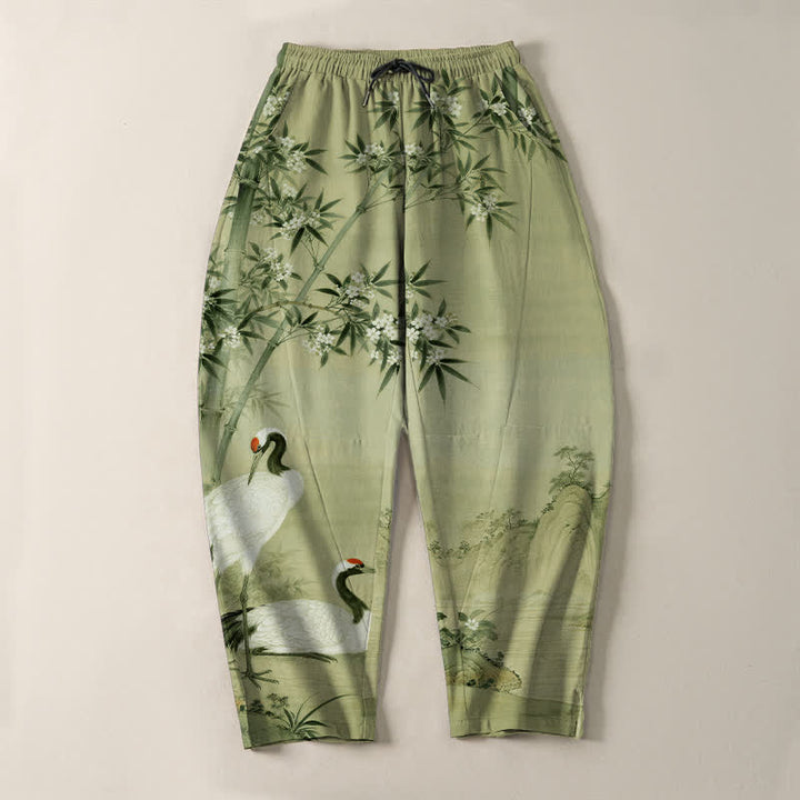 Buddha Stones Pantalones de hombre de algodón puro con estampado de paisaje de grullas y bambú, cordón ajustable y corte cónico con bolsillos. - image 13