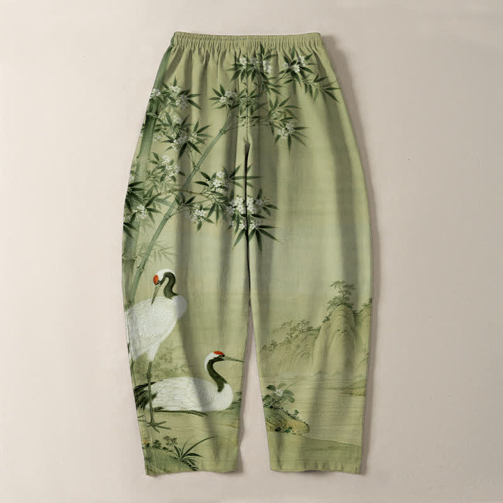 Buddha Stones Pantalones de hombre de algodón puro con estampado de paisaje de grullas y bambú, cordón ajustable y corte cónico con bolsillos. - image 14