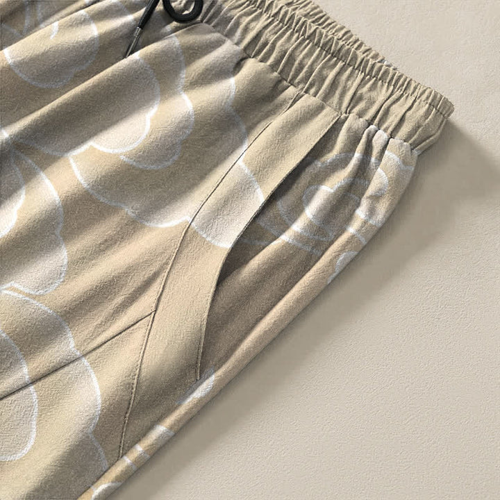 Buddha Stones Pantalones de hombre de algodón puro con estampado de pájaros en nubes y cordón ajustable, corte cónico y bolsillos. - image 4