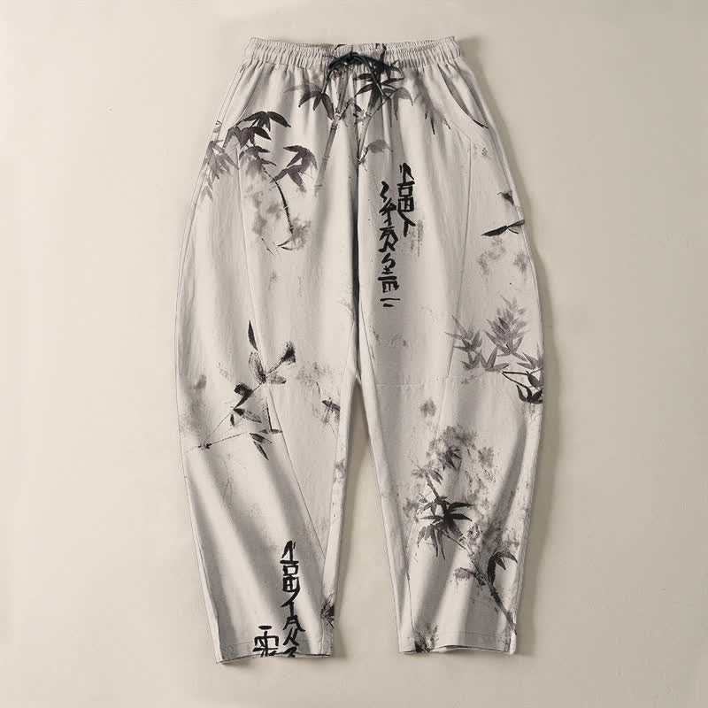 Buddha Stones Pantalones de hombre de algodón puro con estampado de caligrafía en bambú, cordón ajustable y bolsillos. - image 2