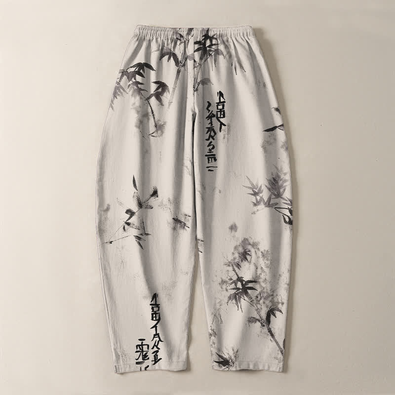 Buddha Stones Pantalones de hombre de algodón puro con estampado de caligrafía en bambú, cordón ajustable y bolsillos. - image 3