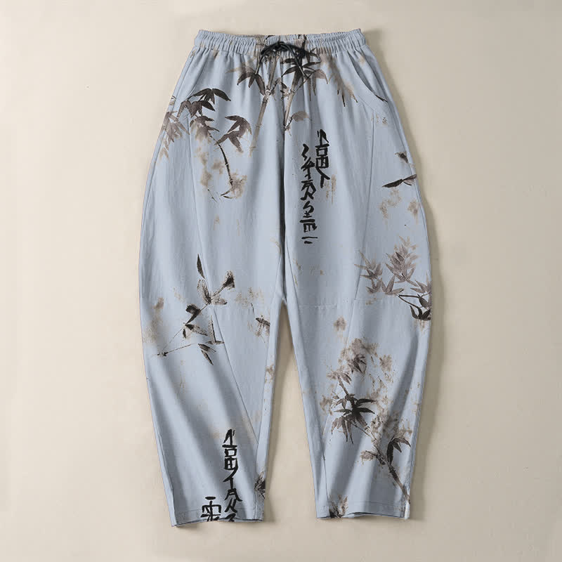 Buddha Stones Pantalones de hombre de algodón puro con estampado de caligrafía en bambú, cordón ajustable y bolsillos. - image 9
